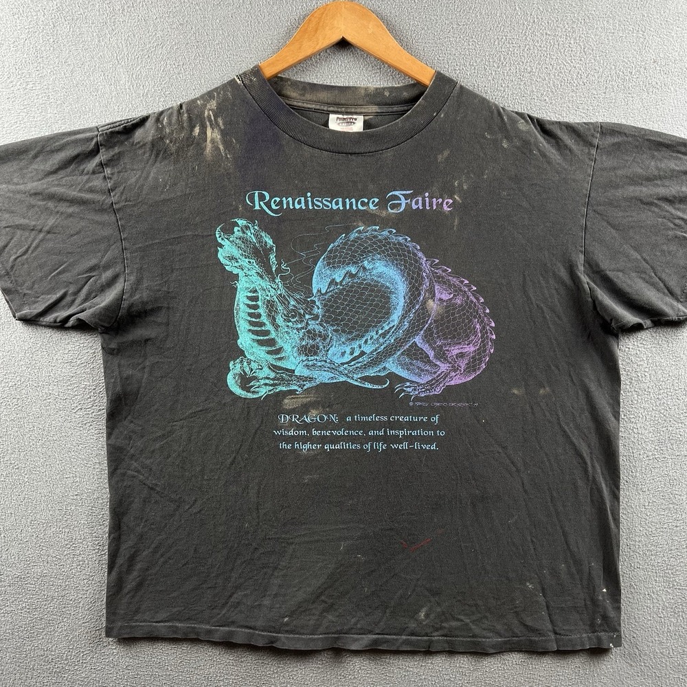 Vintage Renaissance Faire Shirt Mens Black Faded Distressed Dragon Single Stitch